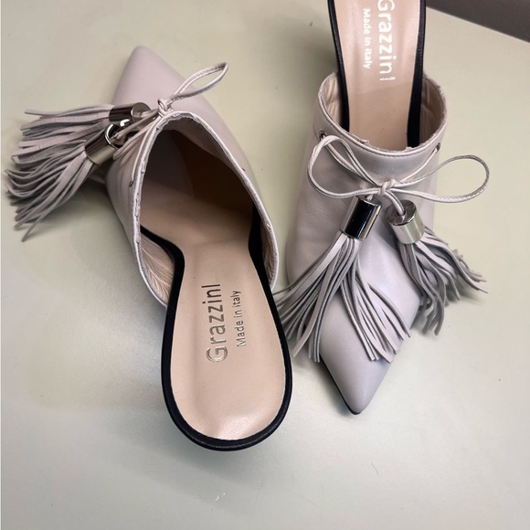 GIOVANNA GRAZZINI MADE IN ITALY LEATHER Women's White Tassel Mules - Picture 4 of 11